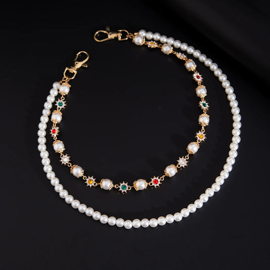 Exquisite Luxury Imitation Pearl Keychain Wallet Belt Chain Men Women